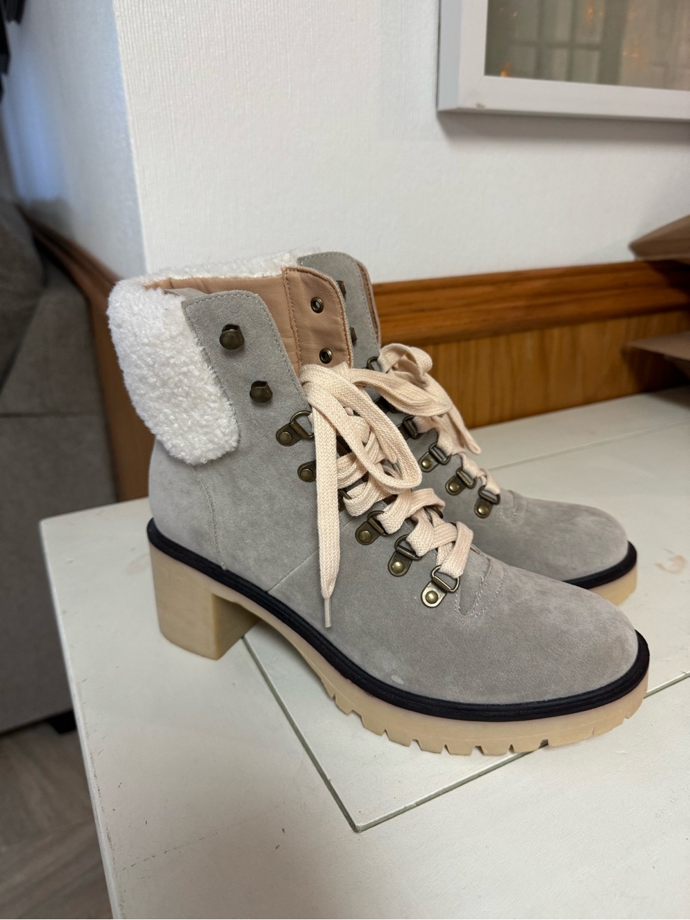 Mi.iM Grey Suede Lace-Up Ankle Boots with Sherpa Collar